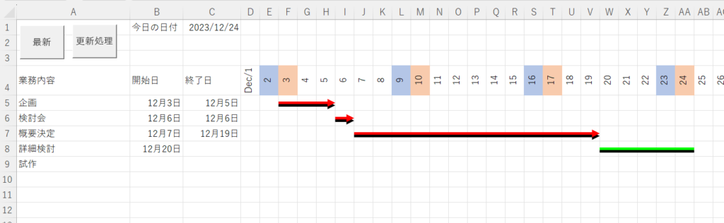 【Excel VBA】スケジュール表で進捗管理 矢印を自動で入れる 完成形