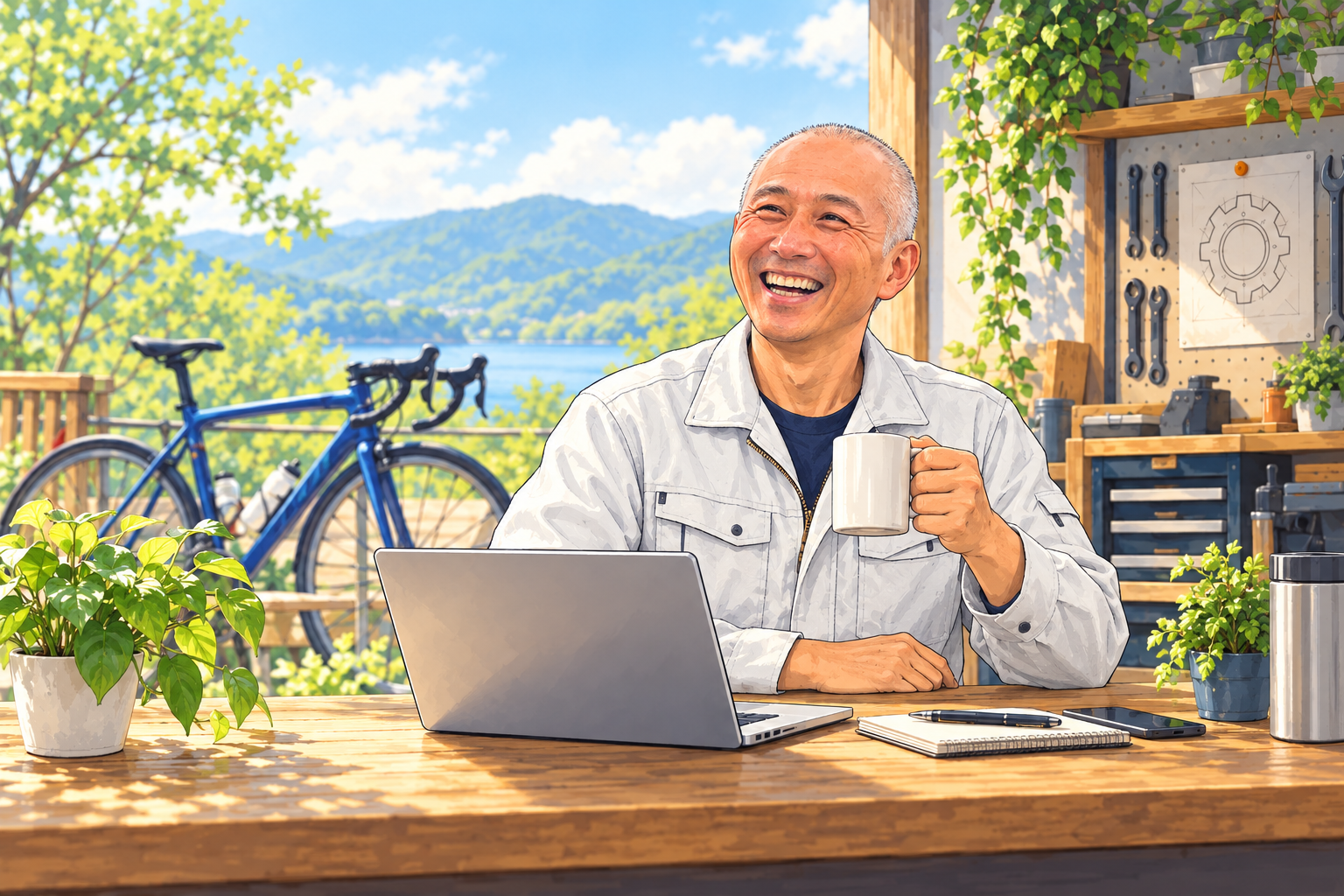 白い作業服の大林義紀が、自転車と工具のある工房で過ごすイラスト